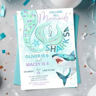 Mermaid Shark Birthday Invitation Joint Birthday