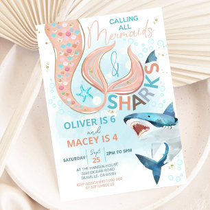 Mermaid Shark Birthday Invitation Joint Birthday