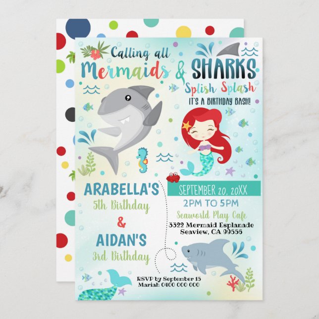 Mermaid Shark Invitation Sibling Birthday Joint (Front/Back)