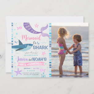 Mermaid & Shark Joint Birthday Photo Invitation