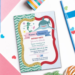 Mermaid & Shark Joint Boy Girl Birthday Invitation