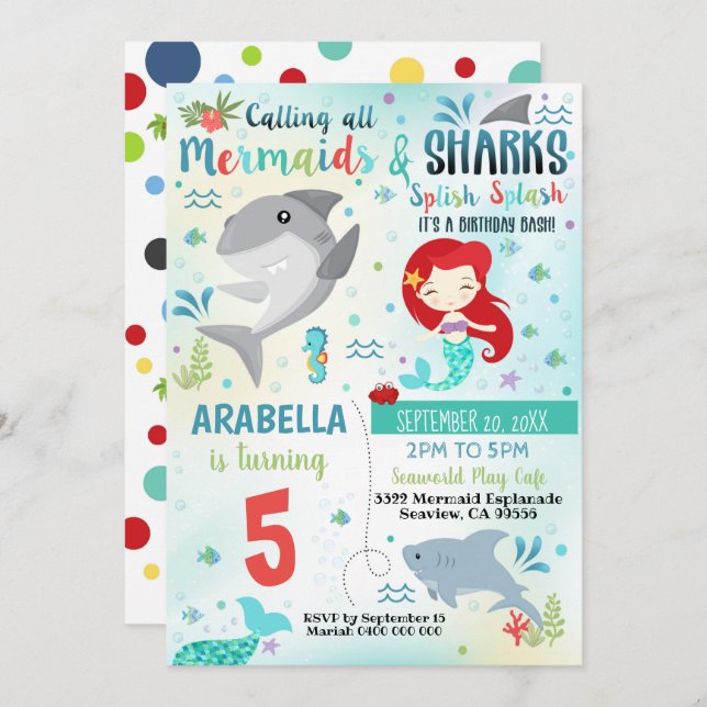 Mermaid Shark Party Invitation (Front/Back)