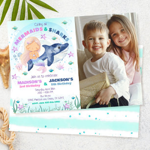 Mermaid &  Shark Photo Under the Sea Birthday  Invitation
