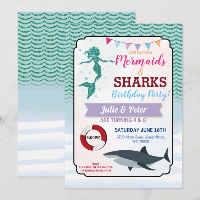 Mermaid Shark Pool Party Joint Boy Girl Birthday Invitation (Front/Back)