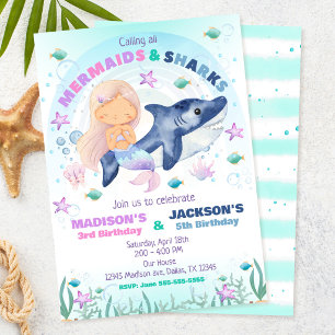 Mermaid &  Shark Under the Sea Birthday  Invitation