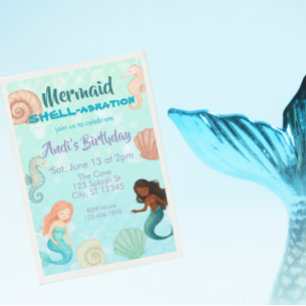 Mermaid SHELL-abration, Watercolor Birthday Invitation