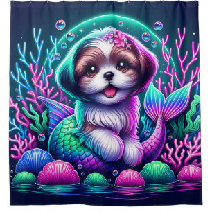 “Mermaid Shih Tzu Puppy - Whimsical Fantasy Art” Shower Curtain