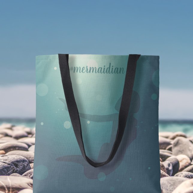 Mermaid Silhouette Custom Name Teal Tote Bag (Add your name to this teal mermaid tote bag and off to the beach you go)