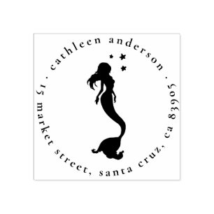 Mermaid Silhouette Round Name & Return Address Rubber Stamp