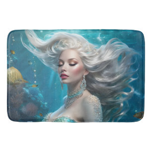 Mermaid Silver Hair Turquoise Ocean Bath Mat