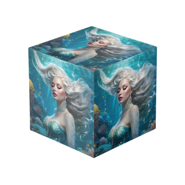 Mermaid Silver Hair Turquoise Ocean Cube (Front Angled)