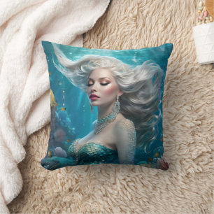 Mermaid Silver Hair Turquoise Ocean Cushion