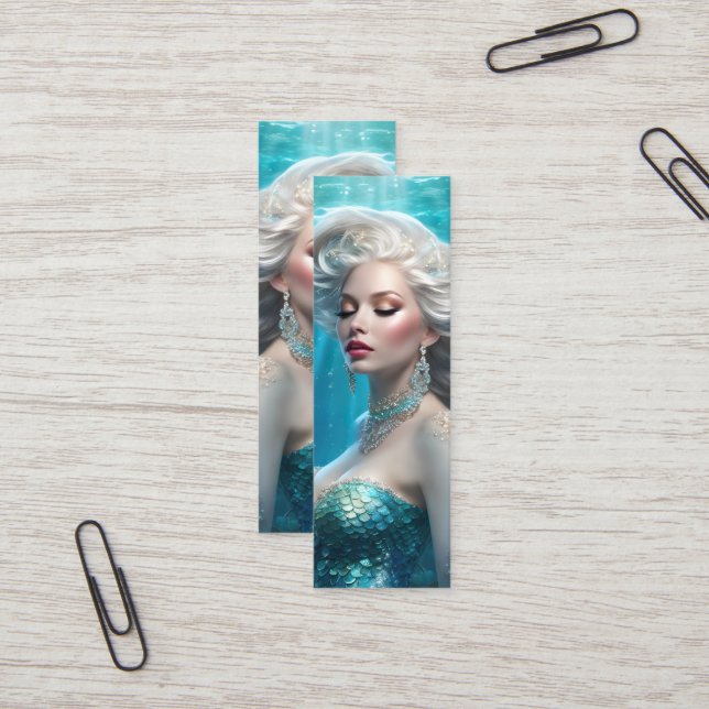 Mermaid Silver Hair Turquoise Ocean Mini Bookmark Mini Business Card (Front/Back In Situ)