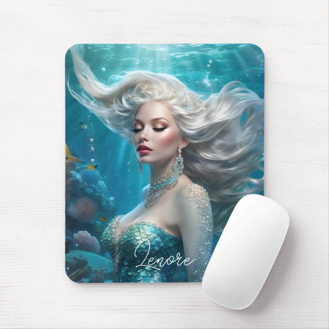 Mermaid Silver Hair Turquoise Ocean Mouse Pad (With Mouse)