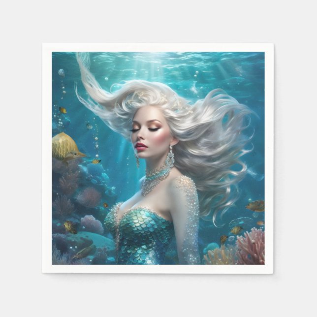 Mermaid Silver Hair Turquoise Ocean Napkin (Front)