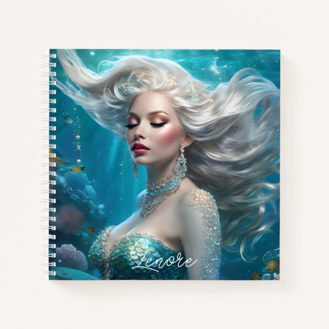 Mermaid Silver Hair Turquoise Ocean Notebook (Front)