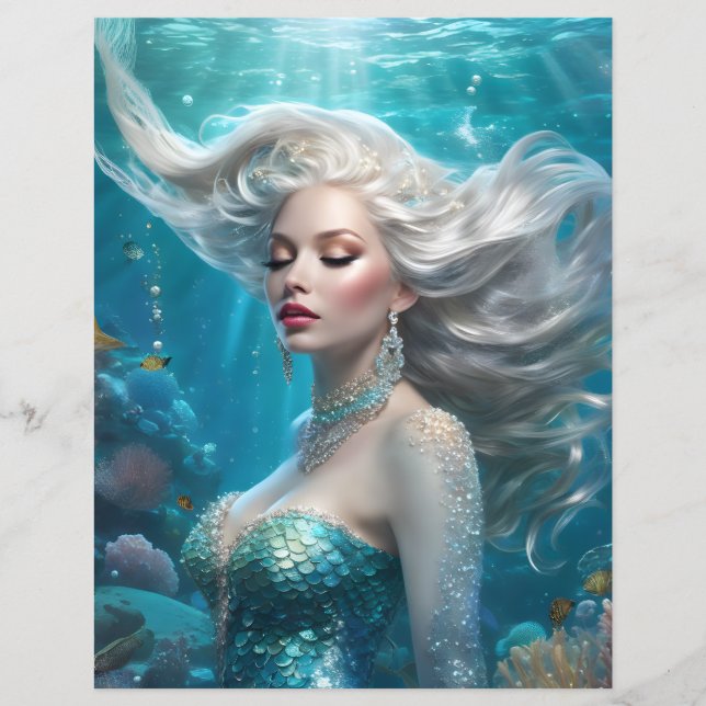 Mermaid Silver Hair Turquoise Ocean Paper (Front)