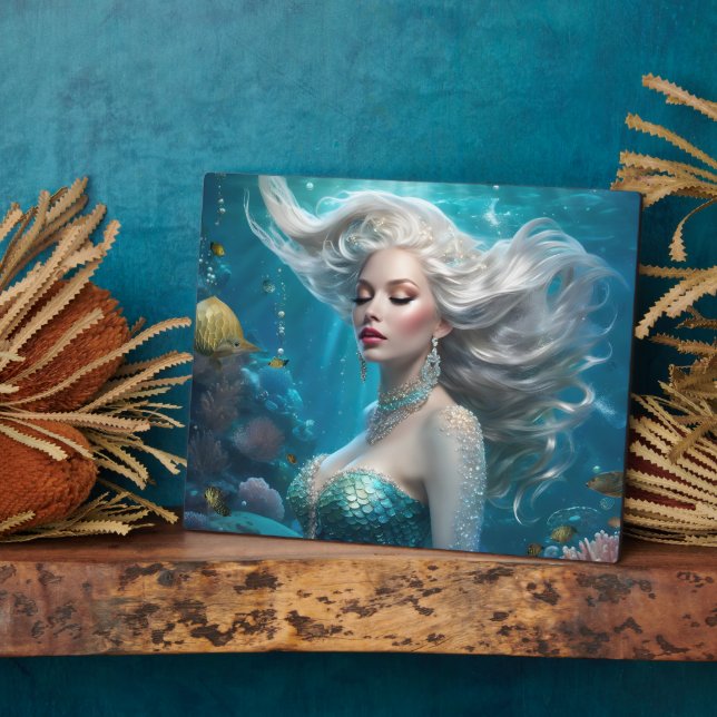 Mermaid Silver Hair Turquoise Ocean Plaque (Side)