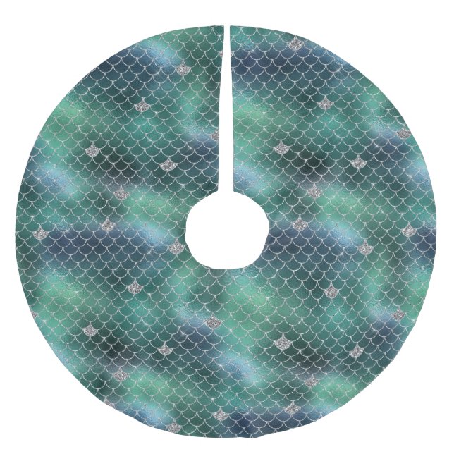 Mermaid Silver Teal Green Ocean Glitz Brushed Polyester Tree Skirt (Front)