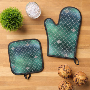 Mermaid Silver Teal Green Ocean Glitz Oven Mitt & Pot Holder Set