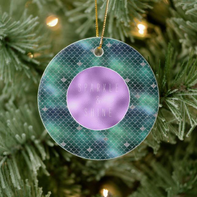 Mermaid Silver Teal Ocean Glitz Ceramic Ornament (Tree)