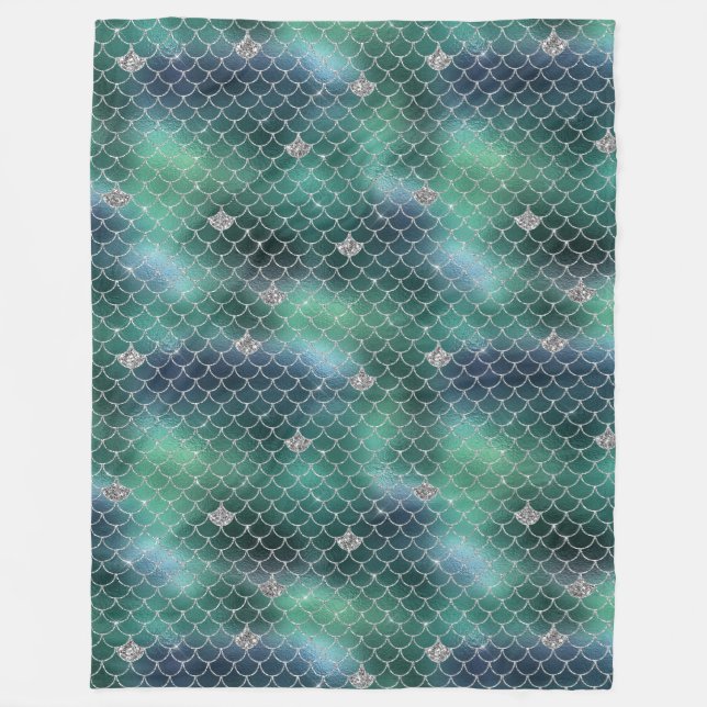 Mermaid Silver Teal Ocean Glitz Fleece Blanket (Front)