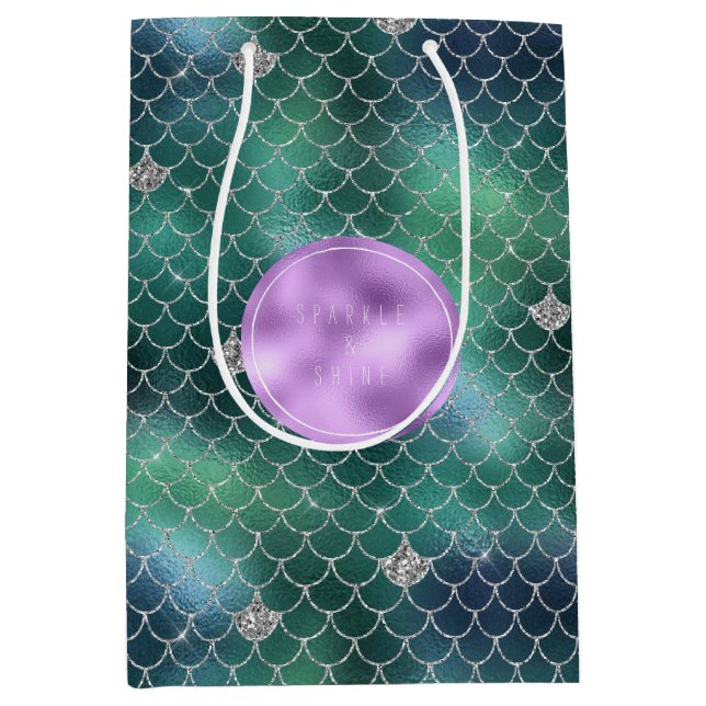 Mermaid Silver Teal Ocean Glitz Medium Gift Bag (Front)