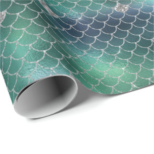 Mermaid Silver Teal Ocean Glitz Wrapping Paper