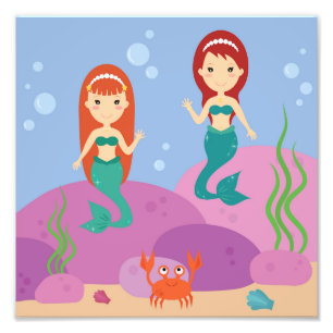 Mermaid sisters in the sea waving nursery room photo print