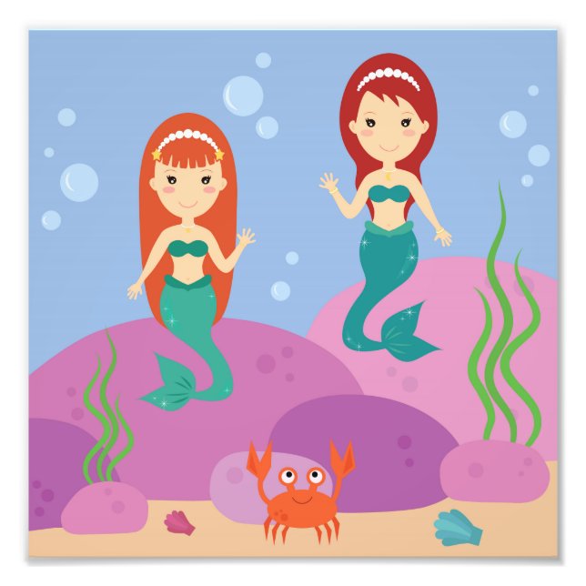 Mermaid sisters in the sea waving nursery room photo print (Front)
