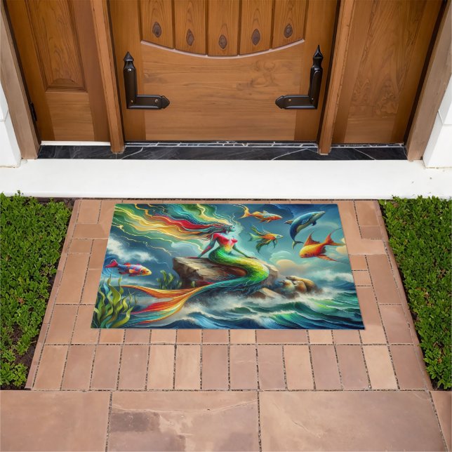 Mermaid Sits on Rock Surrounded by Whimsical 36x24 Doormat (Outdoor)