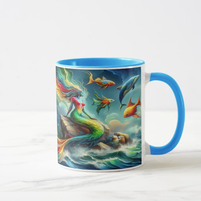 Mermaid Sits on Rock Surrounded by Whimsical 36x24 Mug (Right)