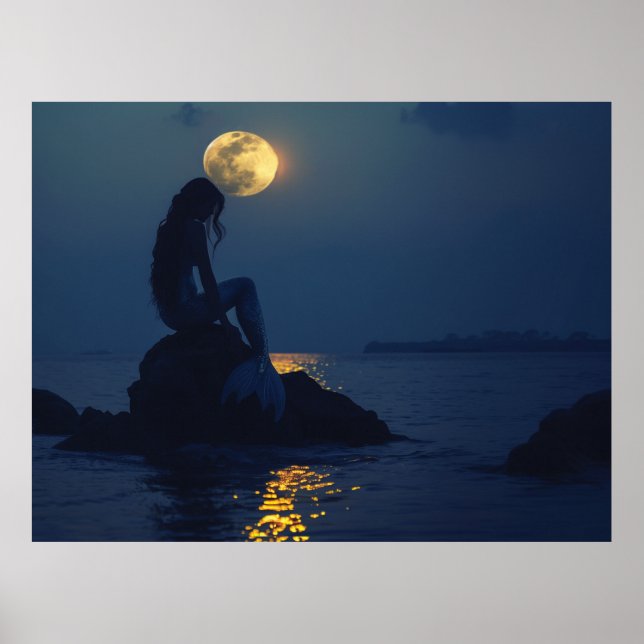 Mermaid sitting on a rock at night poster (Front)