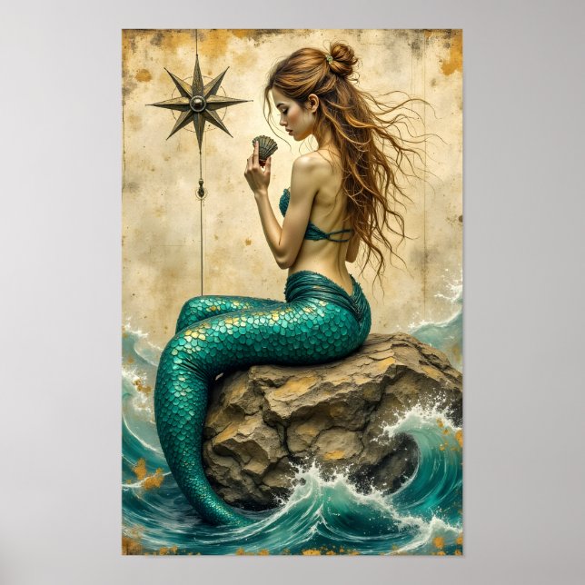 Mermaid Sitting On A Rock Poster (Front)