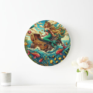 Mermaid sitting on a rock with a open treasured  large clock