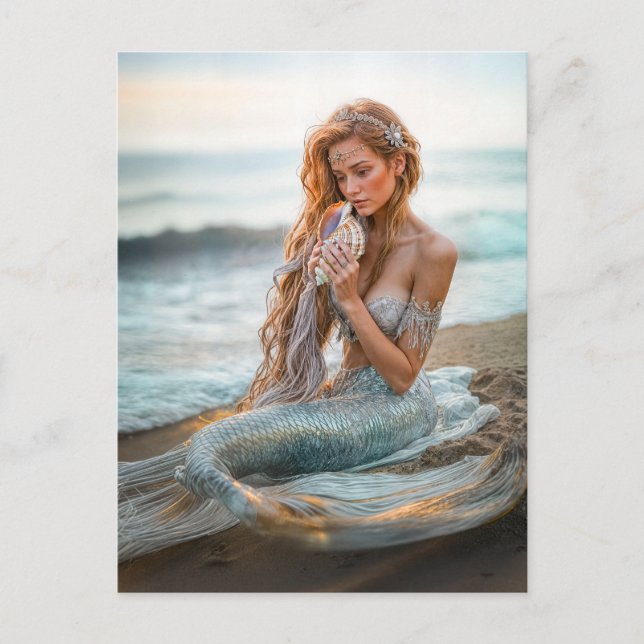 Mermaid Sitting on Ocean beach with shell Holiday Postcard (Front)