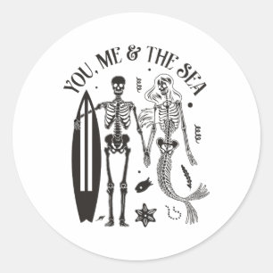 Mermaid Skeleton Couple Surfing Vintage Island Bea Classic Round Sticker