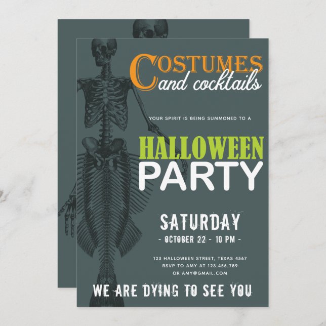 Mermaid Skeleton Modern Halloween Party Invitation (Front/Back)