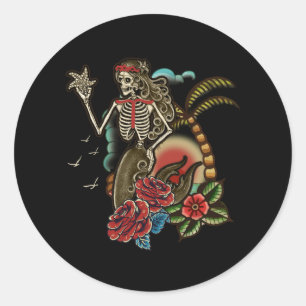 Mermaid Skeleton Traditional Tattoo Old School Hal Classic Round Sticker