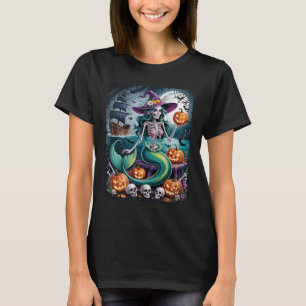 Mermaid Skeleton Witch Hat Halloween Art Ocean Mer T-Shirt