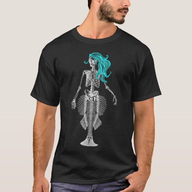 Mermaid Skeleton with Blue Hair Creepy Sea Siren P T-Shirt (Front)