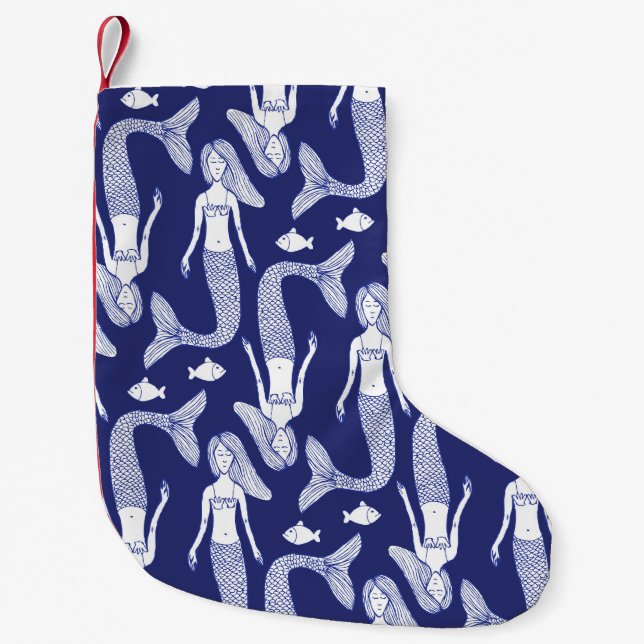 Mermaid Sketch: Vintage Fish Pattern. Small Christmas Stocking (Front)