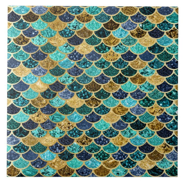 Mermaid Skin Fish Scales Gold Teal Turquoise Ceramic Tile (Front)