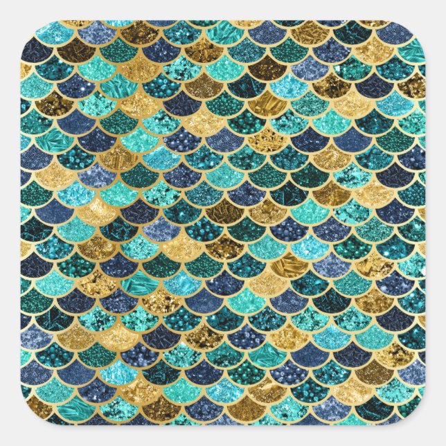 Mermaid Skin Fish Scales Gold Teal Turquoise Square Sticker (Front)