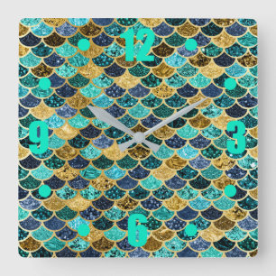 Mermaid Skin Fish Scales Gold Teal Turquoise Square Wall Clock