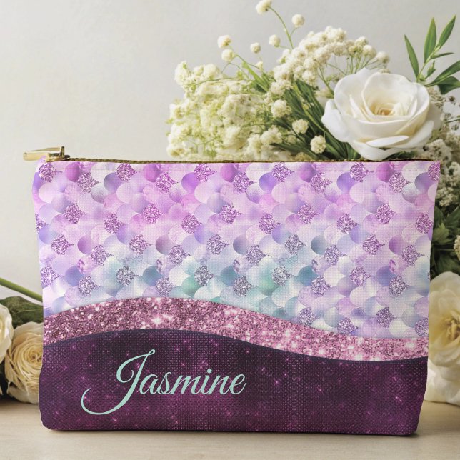 Mermaid skin pink silver faux glitter monogram accessory pouch (Creator Uploaded)
