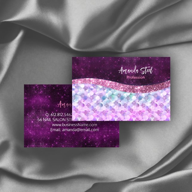 Mermaid skin pink silver faux glitter monogram business card (Creator Uploaded)