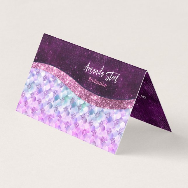 Mermaid skin pink silver faux glitter monogram business card (Front)