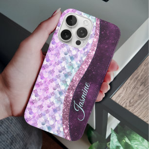 Mermaid skin pink silver faux glitter monogram iPhone 16 pro case