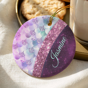 Mermaid skin pink silver faux glitter monogram ceramic ornament